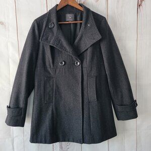 Vintage Y2K Forever 21 Wool Blend Pea Coat Charcoal Gray Button & Snap Front